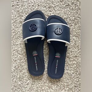 Tommy Hilfiger navy monogram logo slip on sandals